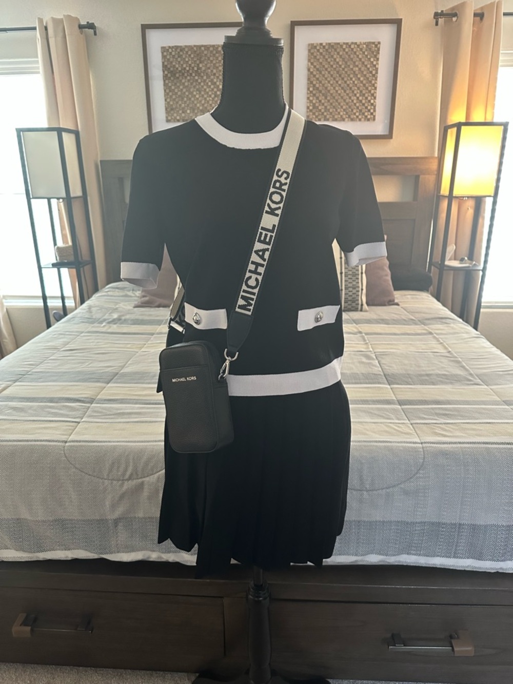 Michael Kors Black and White Knit Dress with Branded Silver Button